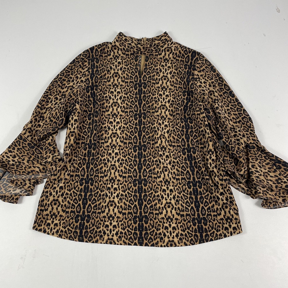 Peter Nygard Tunic Blouse Womens XL Brown Leopard Mock Neck Bell Sleeve Top